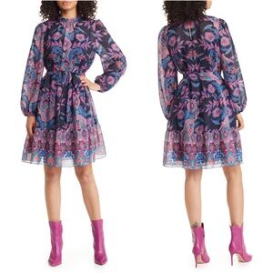 Julia Jordan Metallic Paisley Ruffle Long Sleeve Dress in Navy Multi